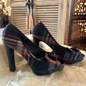 Christian Siriano Black Multi Color Tweed Lambert Open Toe High Heel Shoes.